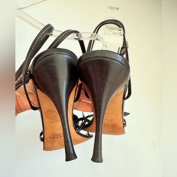 Prada Vintage Black Leather Flower embellished wrap around ankle strap heels 38 - Picture 3 of 10